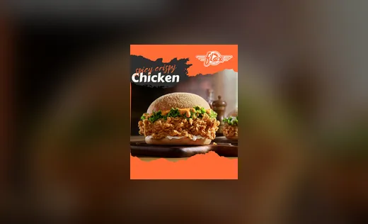 Social-Grafik Flax „spicy crispy Chicken“ mit Burger auf orangem Grund