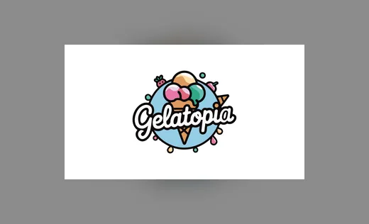 Wortbildmarke Gelatopia mit Eiskugeln im Waffelbecher