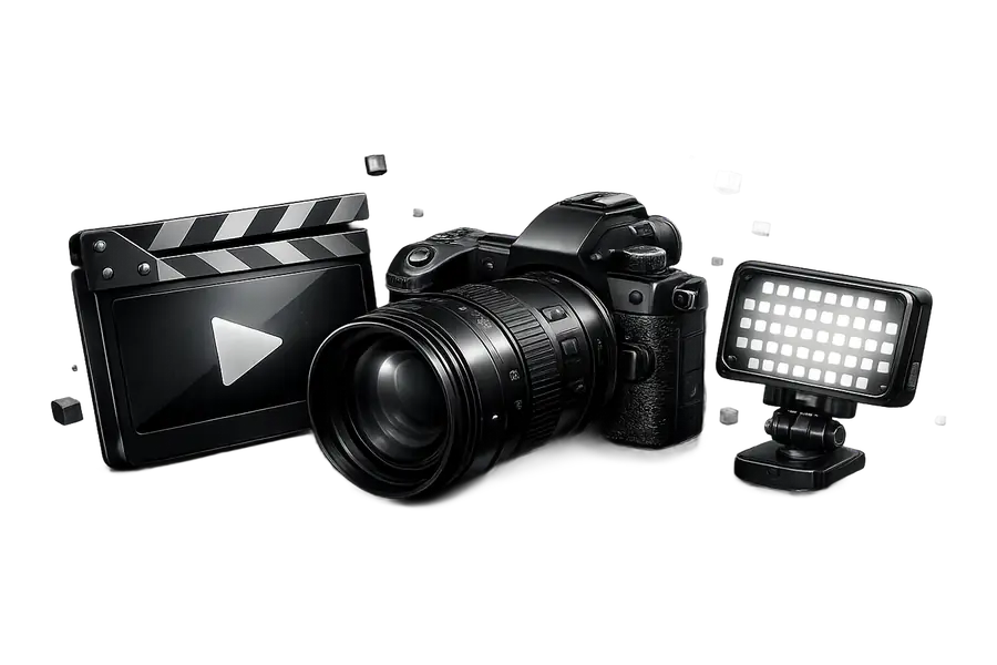 Kamera mit Objektiv, Filmklappe und LED-Leuchte