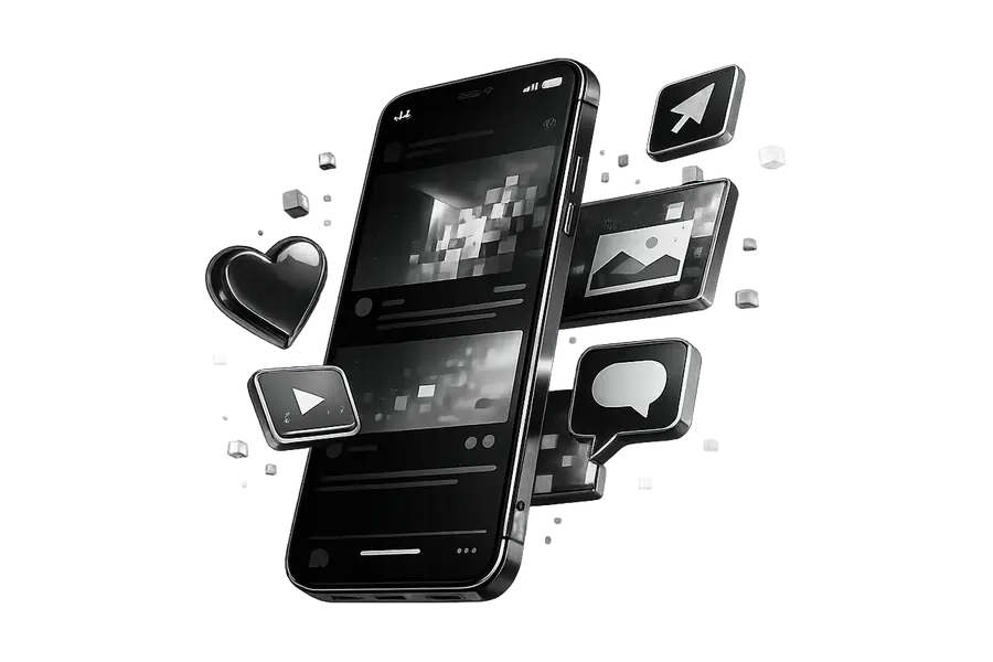 Smartphone mit Beitragsansicht, daneben Herz, Kommentar und Teilen-Zeichen